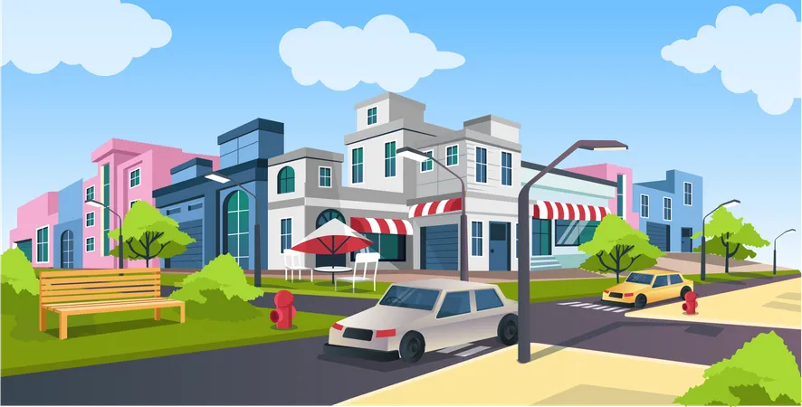 Flat isometric vector illustration, road and car, city street with Park bench landscape  일러스트레이션