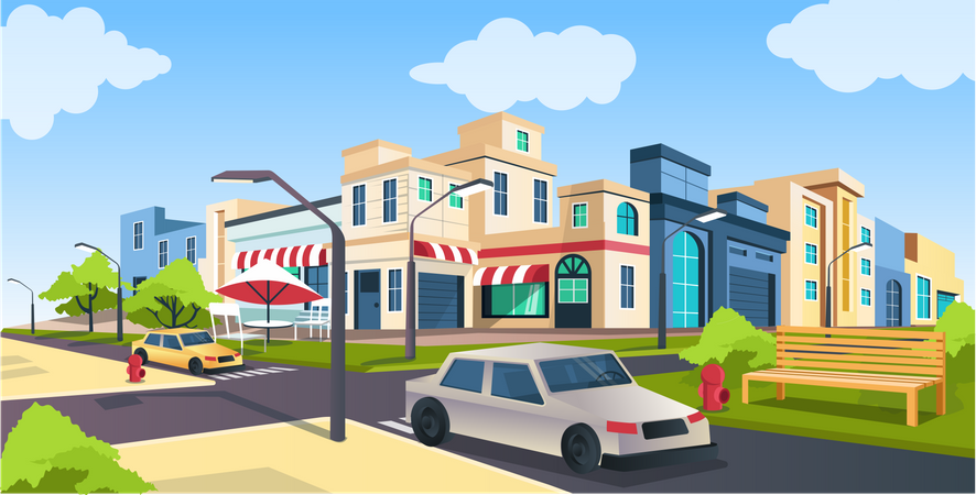 Flat isometric vector illustration, road and car, city street with Park bench landscape  일러스트레이션