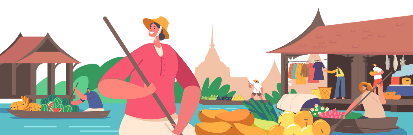 Floating Market in Thailand  イラスト