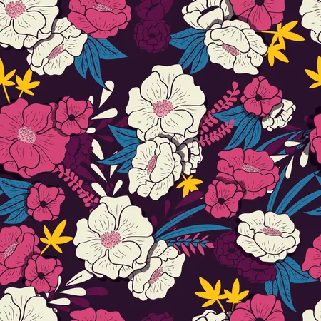 Selva floral com padrão sem emenda de cobras, flores tropicais e folhas, mão botânica desenhada vibrante  Ilustração