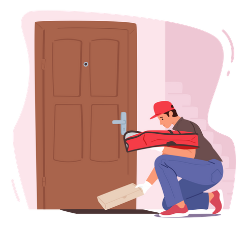 Food delivery agent dropping parcel at doorstep  Illustration