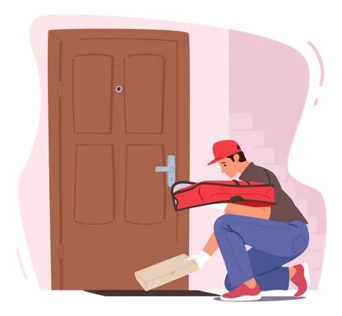 Food delivery agent dropping parcel at doorstep  Illustration