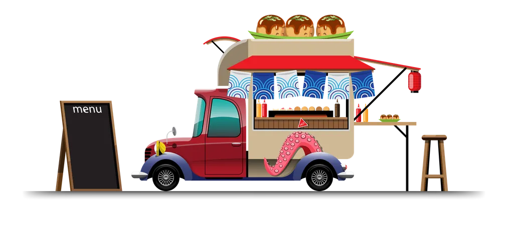 Food truck com lanche japonês com cardápio  Ilustração