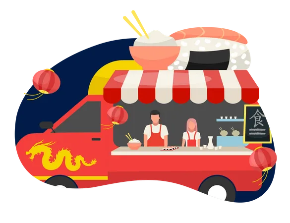 Food truck de fusão asiática  Ilustração