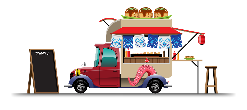 Foodtruck mit japanischem Imbiss mit Menütafel  Illustration