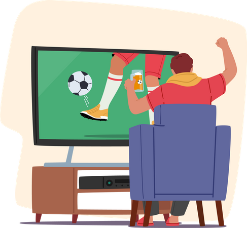 Football fan watching match at home on tv  Illustration