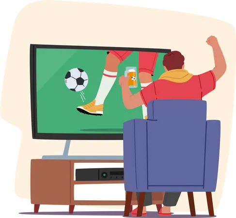 Football fan watching match at home on tv  Illustration