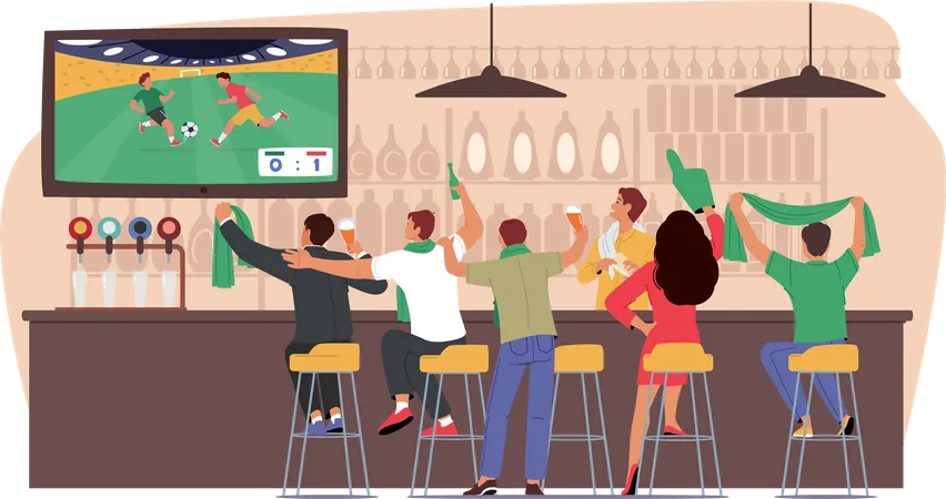 Football fans watching match on tv in night club  Illustration