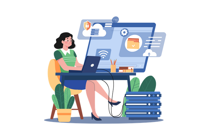 Frau arbeitet an Cloud-Server  Illustration