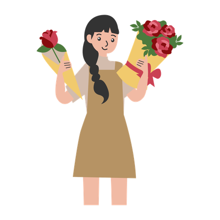 Frau hält zwei Blumensträuße  Illustration