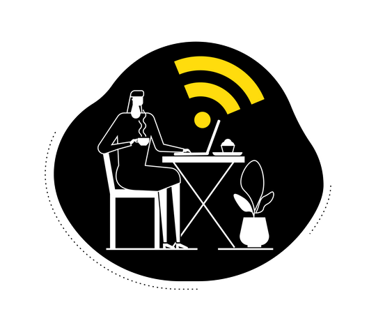 Free wifi - female freelancer sitting in the cafeteria and working on a laptop using wifi connection of cafeteria  Illustration