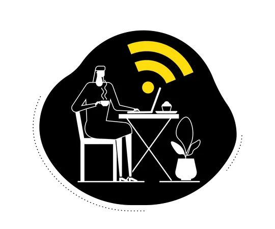 Free wifi - female freelancer sitting in the cafeteria and working on a laptop using wifi connection of cafeteria  Illustration