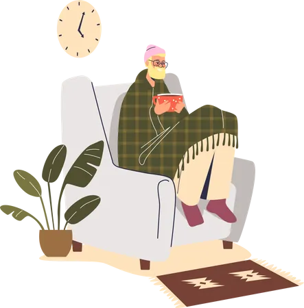 Freezing man sit in armchair at home under blanket wear hat indoors warming hands at hot cup  Illustration