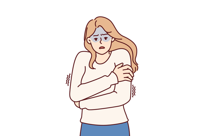 Freezing woman hugging shoulders trying to keep warm and feeling chills after contracting flu  Illustration