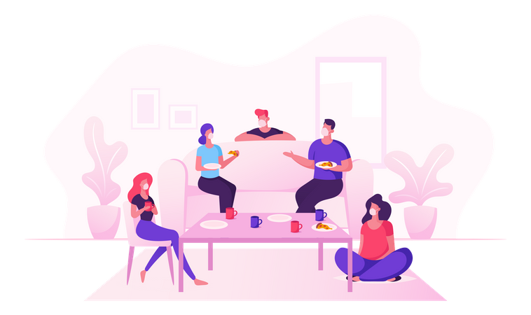 Friend Group Celebrate Home Party During Covid19 Eating Pizza And Drinking Tea  Illustration