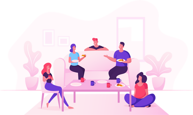 Friends Celebrate the Home Party Sitting in Living Room Eating Pizza And Drinking Tea  Illustration