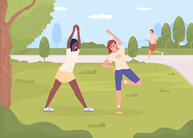 Friends exercising in park  Illustration