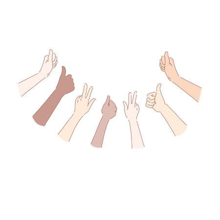 Friends group showing thumbs up and peace signs  Illustration