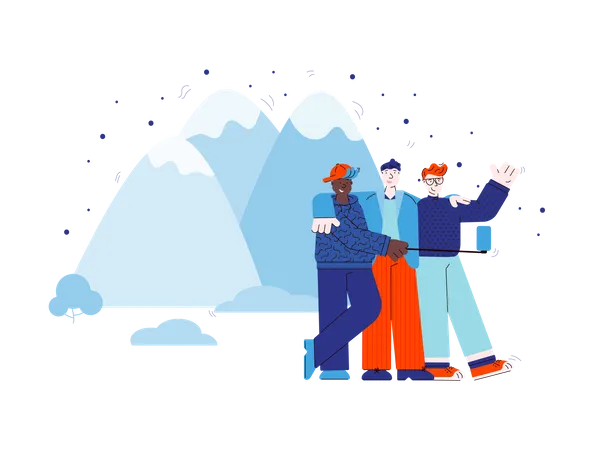 Friends group, travelers or hikers make a selfie together with mobile device in mountain landscape  Illustration