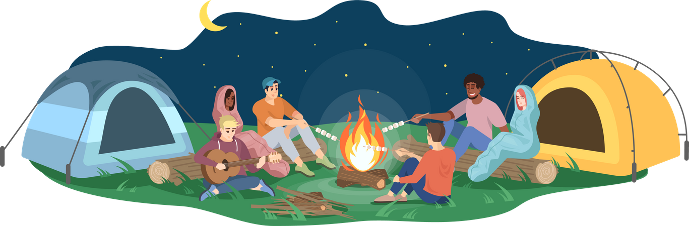 Friends sit by campfire  Illustration