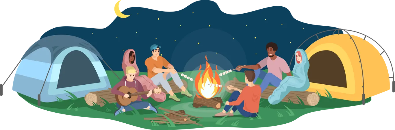 Friends sit by campfire  Illustration