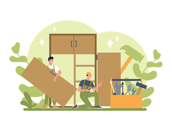 Furniture assembling worker assembling cupboard  Illustration