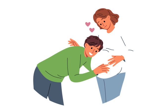 Future dad leans against belly of pregnant woman listening to movements of baby in womb  Illustration