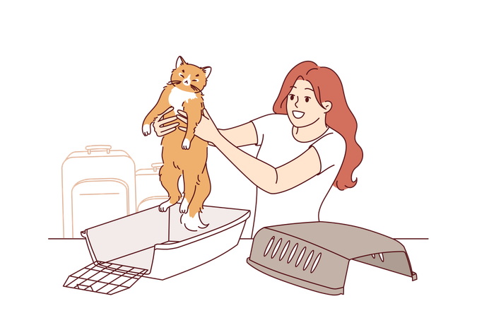 Gaiola de animal para viajar com gato perto de mulher preparando animal de estimação para viagem ao aeroporto  Ilustração