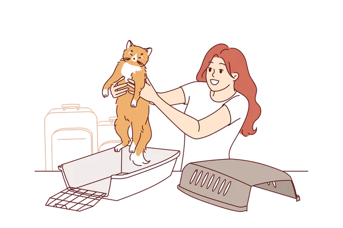 Gaiola de animal para viajar com gato perto de mulher preparando animal de estimação para viagem ao aeroporto  Ilustração