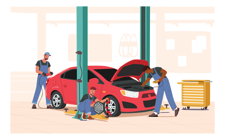 Garage mechanics fixing issue with the car  Illustration