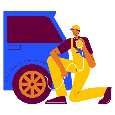 Garage worker checking tire pressure  Illustration