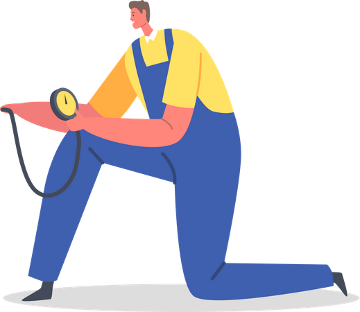 Garage Worker checking tire pressure  Illustration