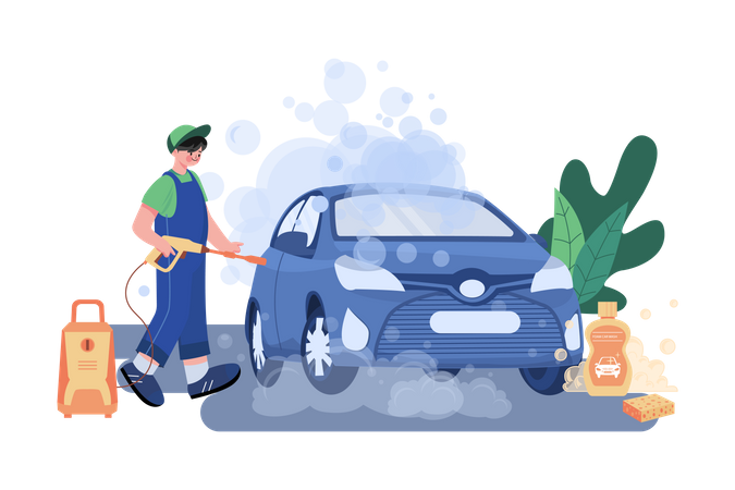 Garage worker cleaning car  Illustration