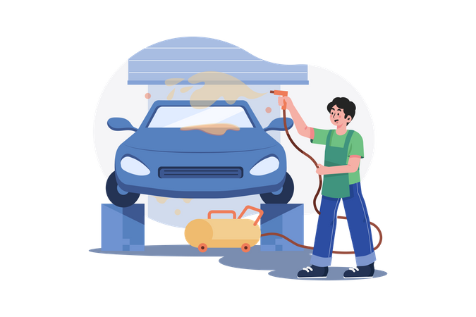 Garage worker cleaning car  Illustration