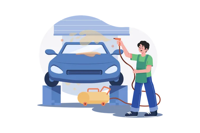 Garage worker cleaning car  Illustration