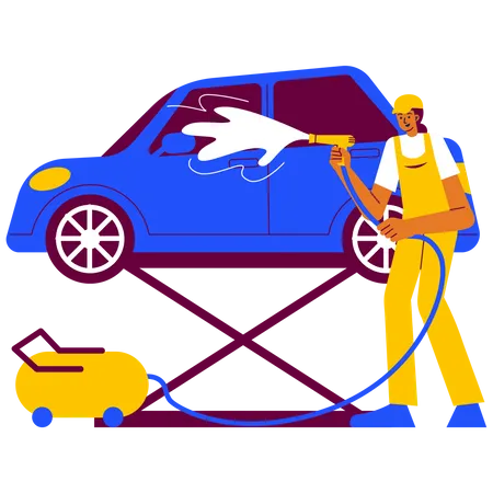 Garage worker cleaning car  Illustration