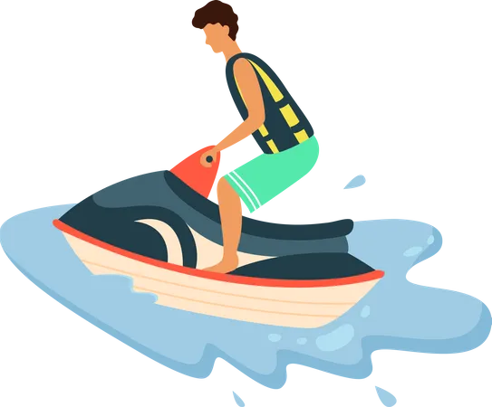 Garçon En Gilet De Sauvetage Montant Un Scooter Nautique  Illustration