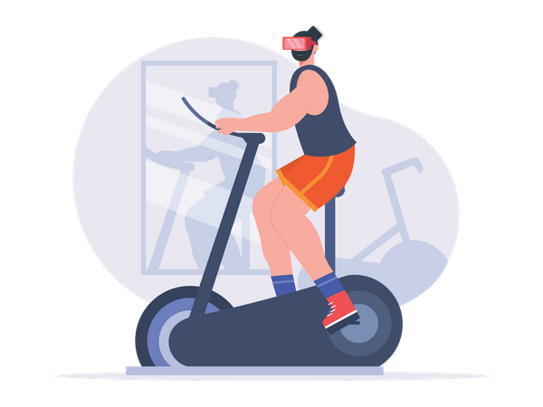 Garçon faisant du vélo d'exercice tout en portant des lunettes VR  Illustration