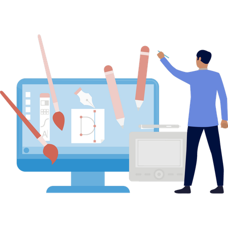 Un garçon explique le graphisme informatique  Illustration