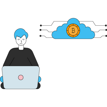 Garçon faisant du minage de Bitcoin dans le cloud  Illustration