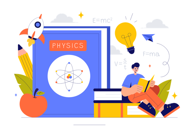 Un garçon lit un livre de physique  Illustration