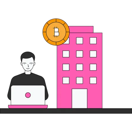 Garçon utilisant la banque Bitcoin pour la gestion  Illustration