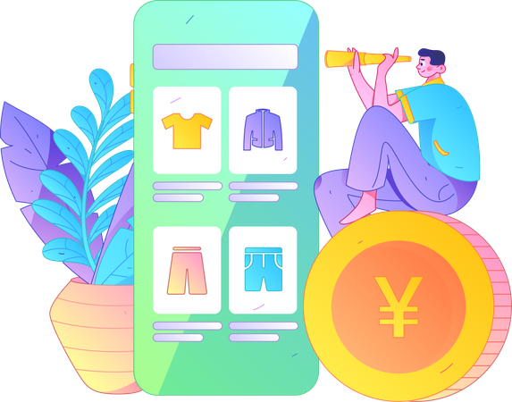 Un garçon utilise un télescope pour trouver un produit à partir d'une application de shopping  Illustration