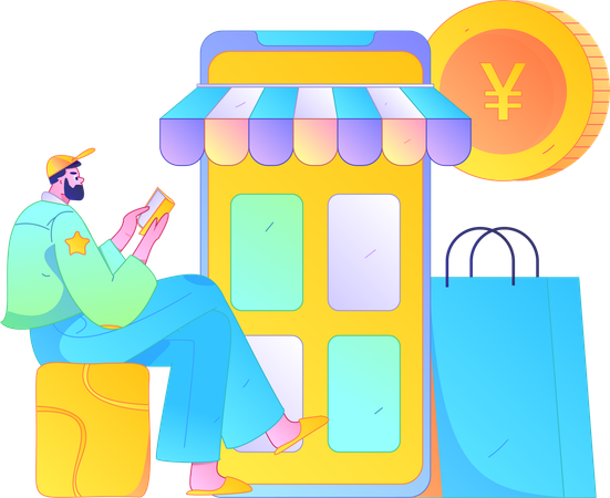 Garçon utilisant une application de shopping  Illustration