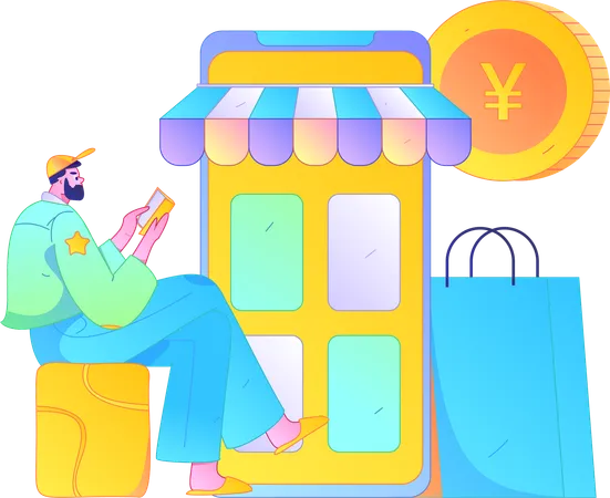 Garçon utilisant une application de shopping  Illustration