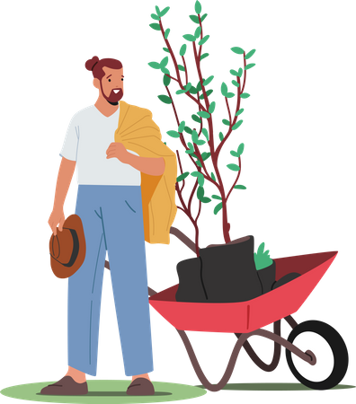 Gardener Planting Tree caring in wheelbarrow  Illustration