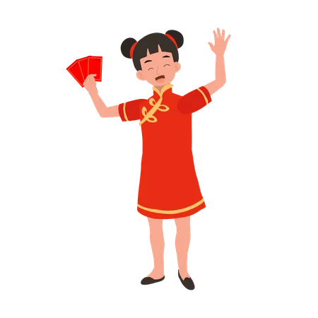 Garota com vestido tradicional chinês, segurando um envelope vermelho  Ilustração