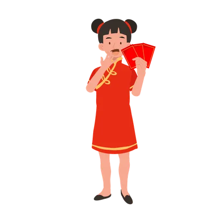 Garota com vestido tradicional chinês, segurando um envelope vermelho  Ilustração