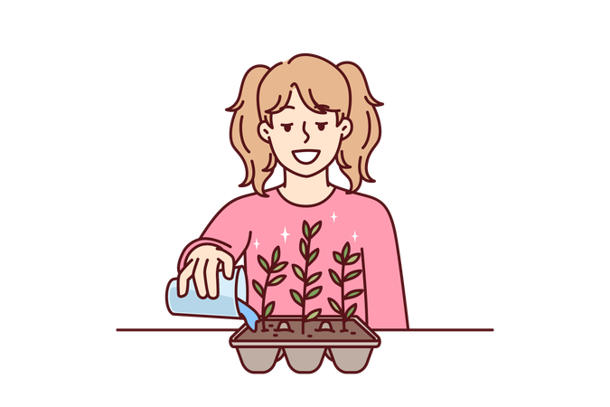 A menina está regando suas plantas de interior  Ilustração