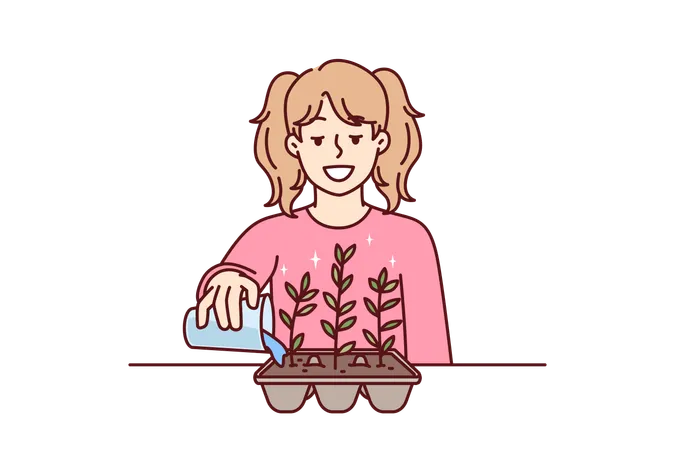 A menina está regando suas plantas de interior  Ilustração